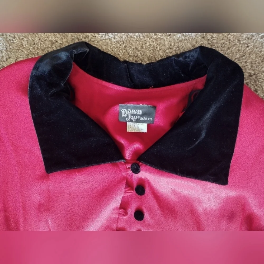 Dawn Joy Vintage Ruby Red Button Down Dress Velvet Accents - Picture 8 of 14